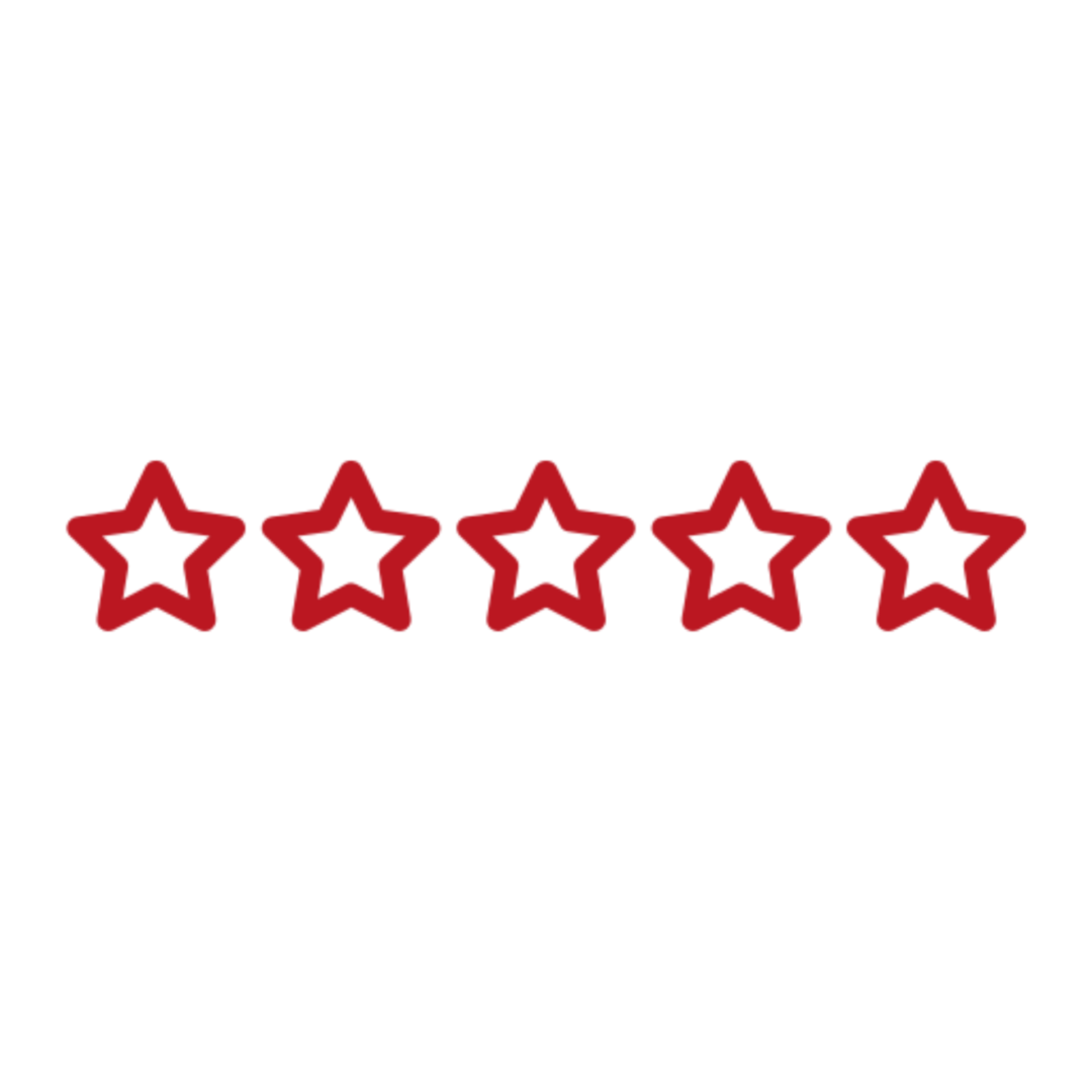 Five red outline stars on black background.