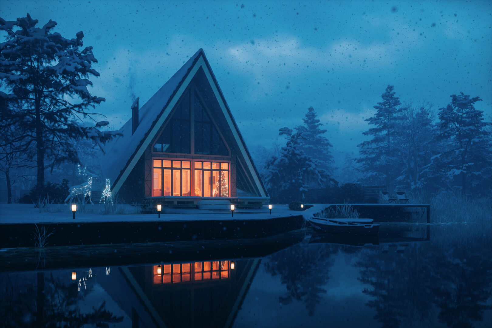 A-frame cabin beside snowy, reflective lake.