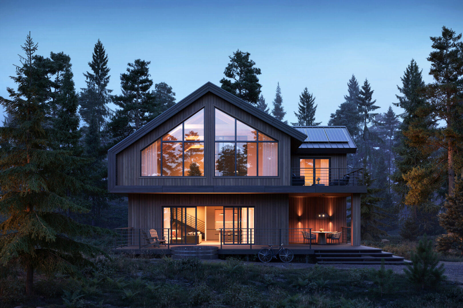 Modern cabin surrounded by trees at dusk.