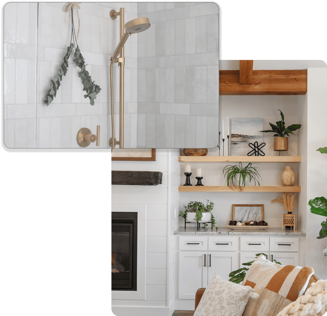 Modern bathroom and cozy living room decor.